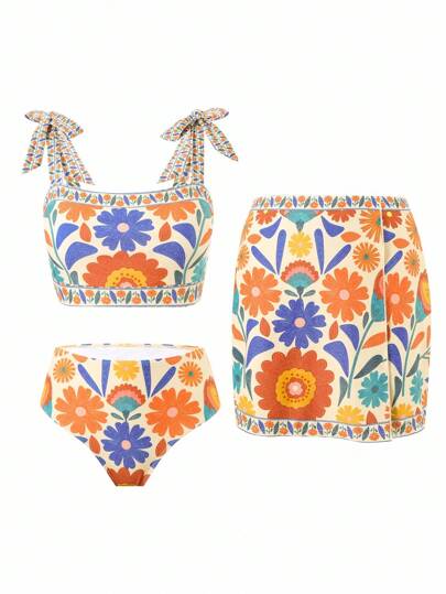 Swim Oasis Women's 3pcs/Set Summer Tight Floral Print Sexy Beach Swimsuit