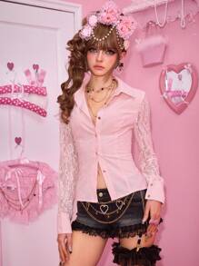 ROMWE J-Fashion Áo sơ mi nữ Vintage Gyaru Shinjuku Gyaru ren chắp vá kẻ sọc hở lưng gợi cảm phụ kiện trang trí kim loại - Hồng - Xem 4