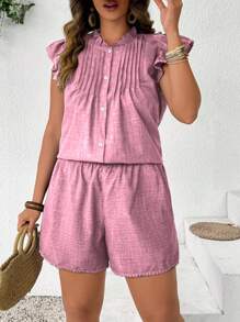 SHEIN LUNE Bộ 2 món thường ngày phong cách cổ điển có viền xếp nếp và tay áo chuông bồng bềnh - Hồng - Xem 4