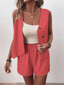 EMERY ROSE 2 Pieces Women Solid Color Sleeveless V-Neck Top And Shorts Set - Watermelon Pink - View 4