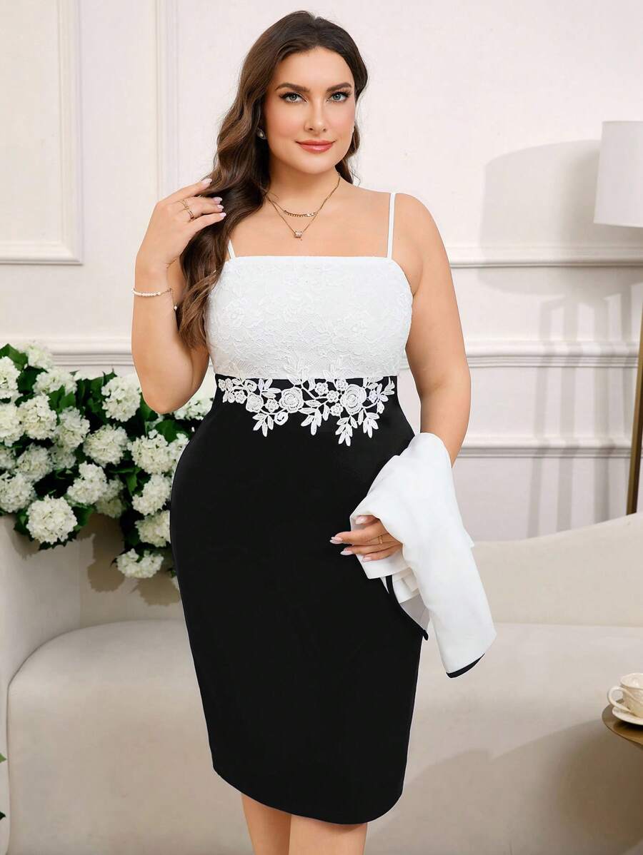 Reflora Plus Size Lace Patchwork Figure-Flattering Two Pieces Set, Stylish Elegant,Business Casual Woman Wedding Black And White Summer - Black - View 1