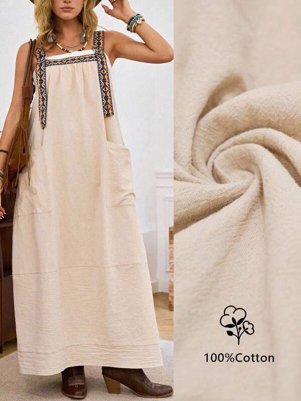 LanaWest Vestido casual de vacaciones bohemio de edición pequeña de mujer con diseño de tirantes con parches y flores en color beige