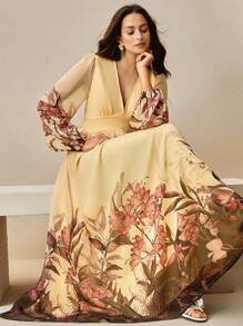 Anewsta Anwesta 优雅V领束腰印花女式连衣裙 - 黃色 - 查看 1