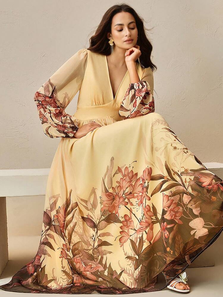Anwesta Elegant V-Neck Cinched Waist Printed Women Dress