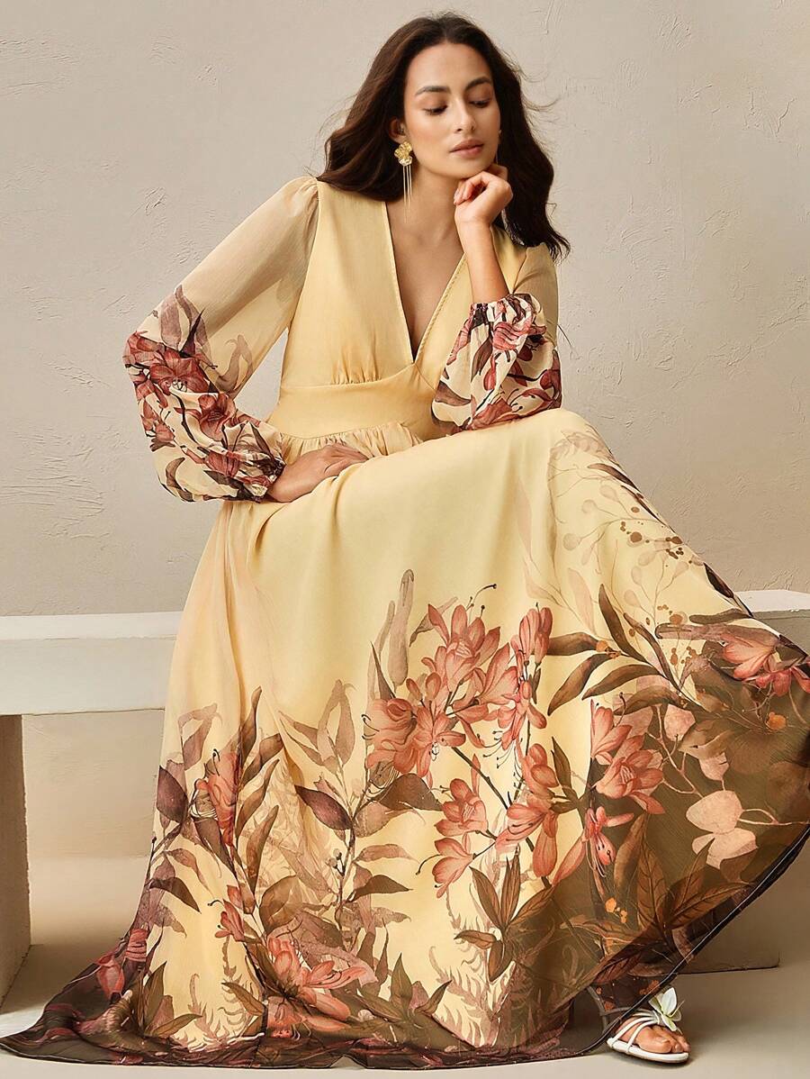 Anewsta Anwesta 优雅V领束腰印花女式连衣裙 - 黃色 - 查看 1