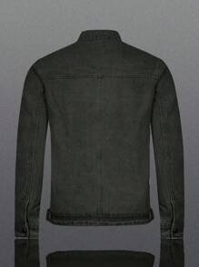 Manfinity Homme Áo khoác denim nam thời trang dạo phố có khóa kéo giản dị - màu đen - Xem 2