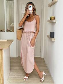 SHEIN LUNE 女式夏季休闲度假纯色纹理面料抽绳腰高开衩吊带裙 - 粉色 - 查看 7