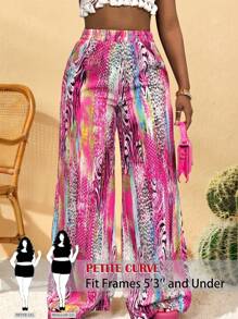SHEIN PETITE CURVE 大码夏季时尚动物纹阔腿裤，夏季海滩度假必备，适合身材娇小人士 - 玫紅色 - 查看 1