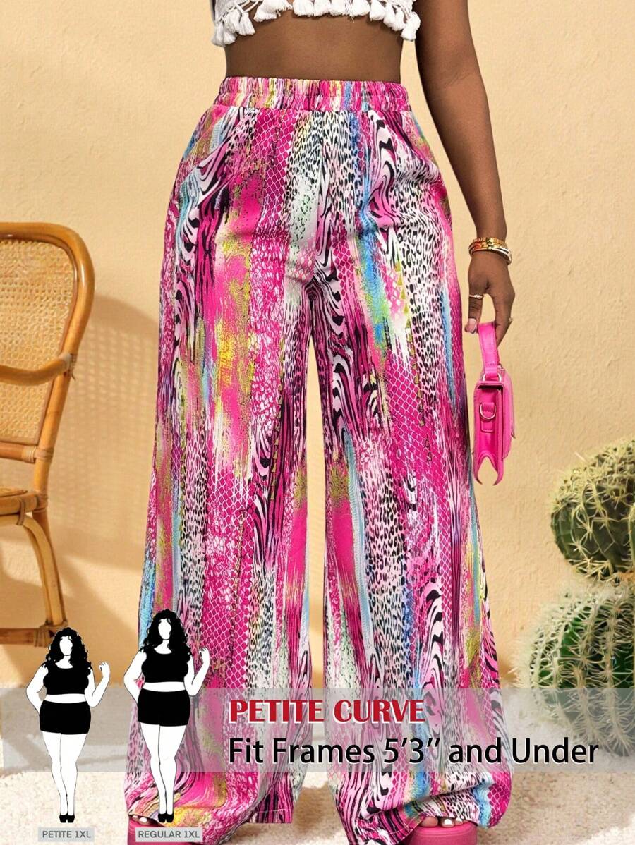 SHEIN PETITE CURVE 大码夏季时尚动物纹阔腿裤,夏季海滩度假必备,适合身材娇小人士 - 玫紅色 - 查看 1