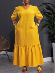 Slaydiva Vestido maxi 2025 nuevo para mujer de talla grande, estilo vintage occidental, apropiado para vacaciones, brunch, festivales de música, clubes, viajes por carretera, resorts, uso casual, viajes a la ciudad, graduación, eventos elegantes. Corte holgado, tela a cuadros de burbujas texturada en amarillo, cuello en V, manga abullonada, diseño patchwork y volantes en el bajo