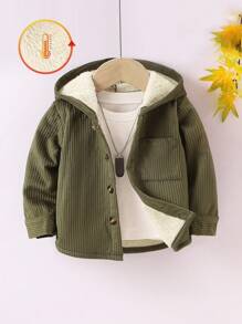 SHEIN Vintaside Kids Babyjongen effen kleur knoop-voorzak corduroy capuchon lange mouw jas, geschikt voor herfst en winter
