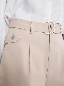 Daynim 女式夏季休闲纯色斜口袋直筒牛仔短裤 - 卡其色 - 查看 4
