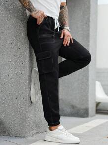 Manfinity Roughcore Men's Solid Color Drawstring Ankle Casual Cargo Pants - Black - View 5