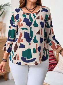 EMERY ROSE 大码女式休闲全印花喇叭袖宽松衬衫，春/夏/秋季