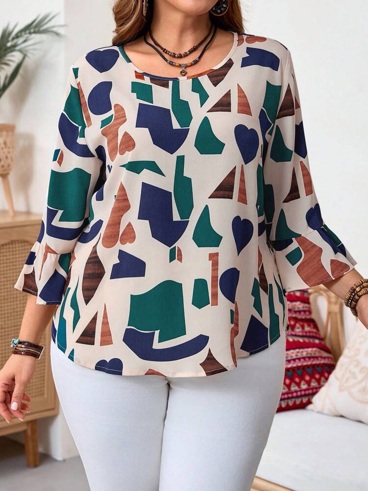 Blusa suelta de manga campana con estampado completo para mujer talla grande, para verano/otoño, mujer talla grande, regalo para la madre, estilo bohemio, primavera, fiesta, vacaciones, sencilla y de moda para uso diario, salir, principios de otoño, blusas para salir