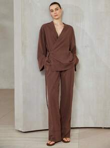 Aveloria Modichic 2pcs Set Solid Color Kimono Style V-Neck Bowknot Tie Side Long Sleeve Top And Pants Fall Cloth For Women