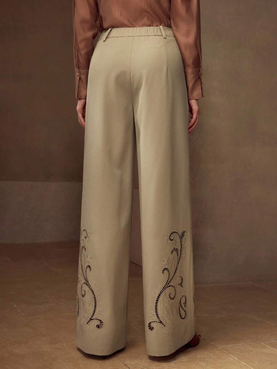 MOTF PREMIUM HOLLOW OUT EMBROIDERY PANTS - Khaki - View 2