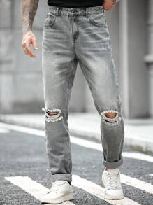 Manfinity Homme 男士日常休闲做旧洗水直筒牛仔裤 - 灰色 - 查看 4