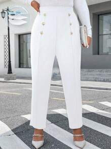 SHEIN Unity Plus Size Double Row Metal Decor Elegant Casual Pants - White - View 1