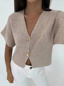 Aloruh New Minimalist Fashionable Office Commute Deep V-Neck Short Sleeve Slim Fit Buttoned Cardigan, Versatile Casual,Knitted Sweater In Fall/Winter
