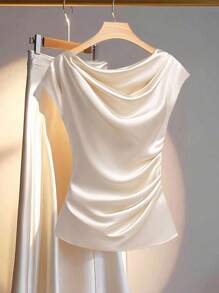 SHEIN Clasi Áo cánh xếp nếp màu trơn thanh lịch cỡ lớn, mùa hè - Màu be - Xem 1