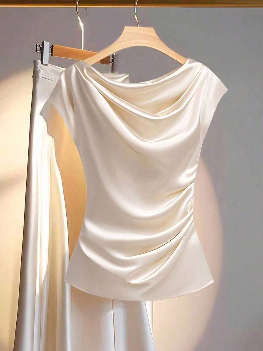 SHEIN Clasi Áo cánh xếp nếp màu trơn thanh lịch cỡ lớn, mùa hè - Màu be - Xem 1
