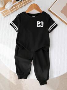 SHEIN 2pcs/Set Baby Boys Black Summer Casual Vacation Sports Style Short Sleeve T-Shirt And Drawstring Long Pants Set,Comfortable Spring & Summer Outfits - Black - View 3