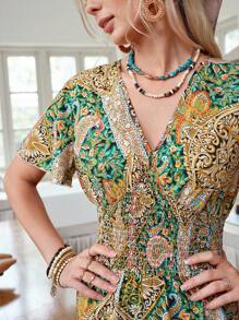 LanaWest Damen Jumpsuit mit Allover-Muster und Raffungen an den Ärmeln - Zufälliges Blumenmuster - Verschiedenfarbig - Übersicht 3