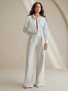 Anewsta Elegant Fashionable Sheer Mesh Embroidered Design White Blouse, Business - White - View 3