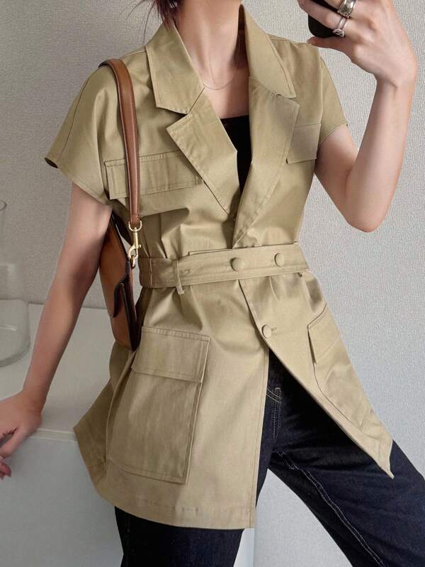 FRIFUL Women's Windbreaker Vest Style Solid Old Money Wind Casual Layering Suit Jacket, Spring And Autumn Khaki Top Short Sleeve Blazer Work Clothes Women Summer Short Sleeve Jacket