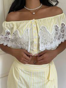 SHEIN EZwear Spitze Patchwork Kontrastfarben Knopfleiste Carmen-Ausschnitt Kurzarm Top - Gelb - Übersicht 3