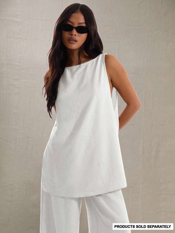 MUSERA Sleeveless Long Line Linen Feel Top Vacation Oversized Tee Holiday Beach Going Out Tops Wedding Guest Christmas Party Fall Elegant