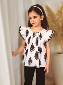 Camisa de manga corta, cuello redondo, con encaje y estampado floral rosa a cuadros estilo campestre para niña, apropiada para vacaciones y salidas