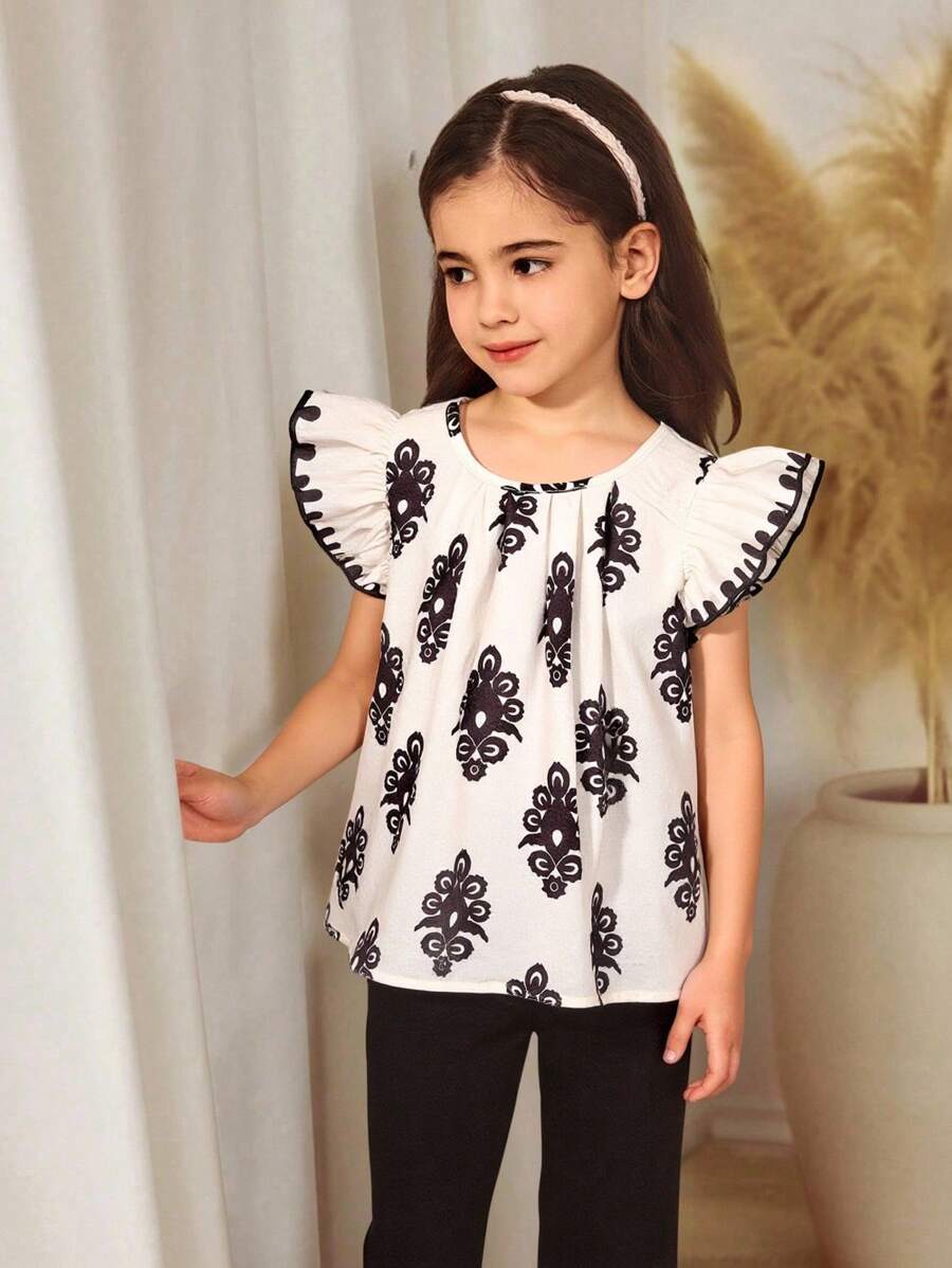 Camisa de manga corta, cuello redondo, con encaje y estampado floral rosa a cuadros estilo campestre para niña, apropiada para vacaciones y salidas