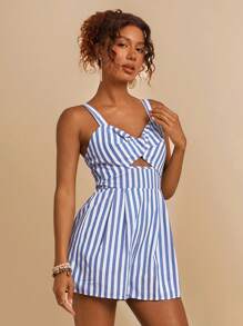 Travachic 亚麻宽松条纹编织休闲细肩带女式连体裤，度假风格，夏季 - 藍白色 - 查看 5