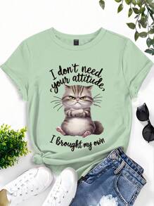 INAWLY Casual Cat Slogan Print Short Sleeve T-Shirt For Summer - Green - View 3