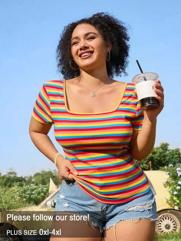 Solflare Tricou scurt cu dungi Rainbow de mărime mare, primăvară/vară