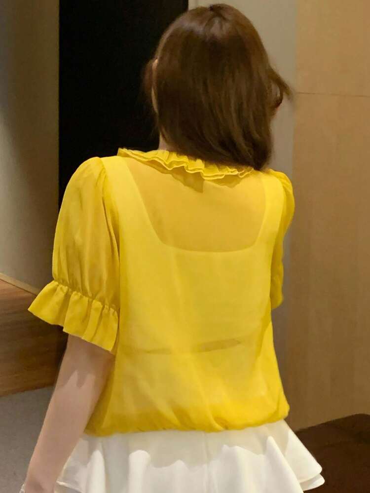 Dazy Plus Chiffon Puff Sleeve Patchwork Frill Trim Cropped Yellow Blouse, Summer
