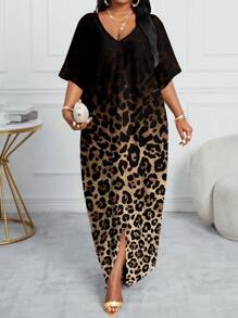 SHEIN Lady Đầm suông họa tiết da báo cổ chữ V tay dài màu trơn rộng rãi phong cách ngày lễ thường ngày - Nhiều màu - Xem 4