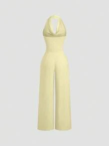 Flirla Apricot Sexy Backless & Draped Neck Fitted Women's Jumpsuit With Wide Leg - Yellow - View 2