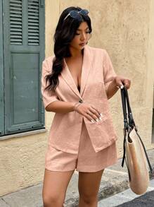 Calvaya Set de 2 piezas Chaqueta y pantalones cortos monocromáticos con cuello chal y manga corta de talla grande para mujer - Rosa coral - Ver 5