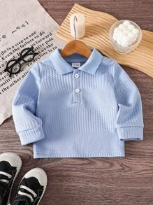 SHEIN Vintaside Kids 男婴休闲纯白色长袖纽扣领 Polo 衫，春/秋 - 藍色 - 查看 3