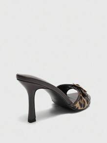 CUCCOO BIZCHIC Women's Brown Leopard Print & Gold Buckle Decor Retro Round Toe Comfortable High Heel Mule Sandals For Christmas - Brown - View 4