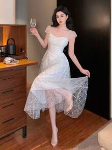 DAZY 无袖亮片拼接长裙，女士奢华舞会礼服，优雅女士连衣裙，闪亮吊带裙 - 白色 - 查看 8