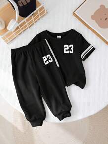 SHEIN 2pcs/Set Baby Boys Black Summer Casual Vacation Sports Style Short Sleeve T-Shirt And Drawstring Long Pants Set,Comfortable Spring & Summer Outfits - Black - View 4