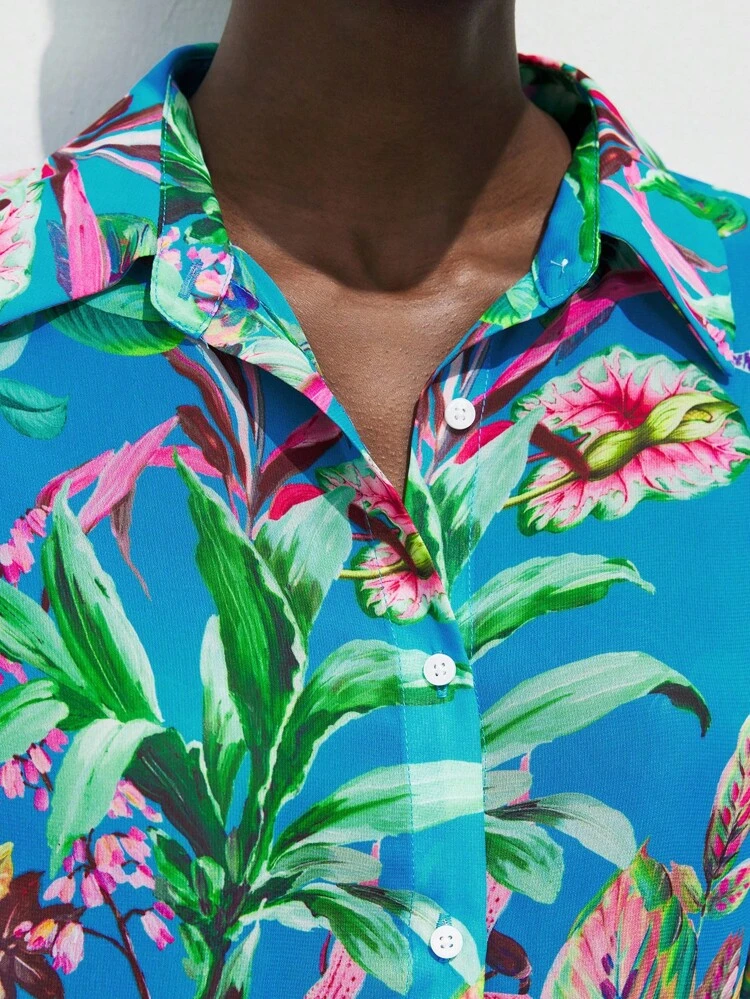 SHEIN Maija Blue Printed Pattern Loose Long Sleeve Chiffon Blouse For Women, Bohemian Holiday Beach Casual Loose Shirt,Halloween