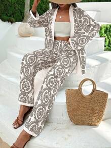 EURMUSE 2pcs/Set Retro Print Kimono Cardigan & Wide Leg Long Pants - Beige - View 4