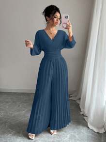 Rafferiza Women's Casual Solid Color Waist Drawcord Jumpsuit With Long Sleeves - Dusty Blue - View 5