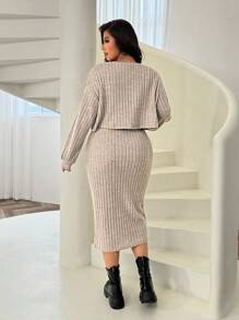 Solflare Plus Size Women New Autumn Ribbed Knit Drop Shoulder Front Button Jacket & Bodycon Mid-Length Dress Set Ribbed Two Piece Set - Apricot - View 3