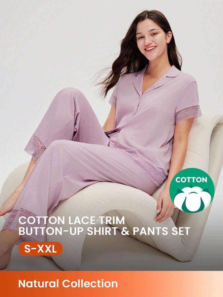 LUVLETTE Bộ đồ ngủ mùa hè cho nữ, chất liệu 100% cotton nguyên chất, thoáng khí, màu hồng tím nhạt, phối ren thanh lịch, kiểu dáng rừng sương, gồm áo ngắn tay cài cúc và quần dài, kiểu dáng thoải mái, thoáng mát, có túi, thích hợp cho không gian sống lãng mạn và ấm cúng tại nhà.